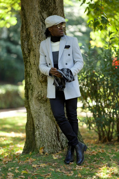 Caesar Slim Fit Double Breasted Grey Wool Cachet Coat