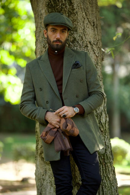 Caesar Slim Fit Double Breasted Khaki Wool Cachet Coat - Timeless Elegance