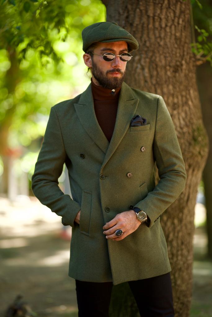 Caesar Slim Fit Double Breasted Khaki Wool Cachet Coat - Timeless Elegance
