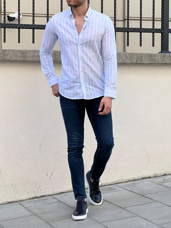 Brabion Tampa White Blue Slim Fit Striped Cotton Shirt