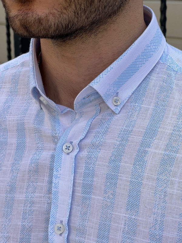 Brabion Tampa White Blue Slim Fit Striped Cotton Shirt