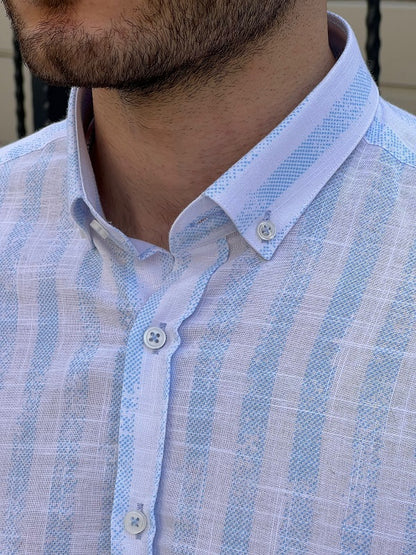 Brabion Tampa White Blue Slim Fit Striped Cotton Shirt