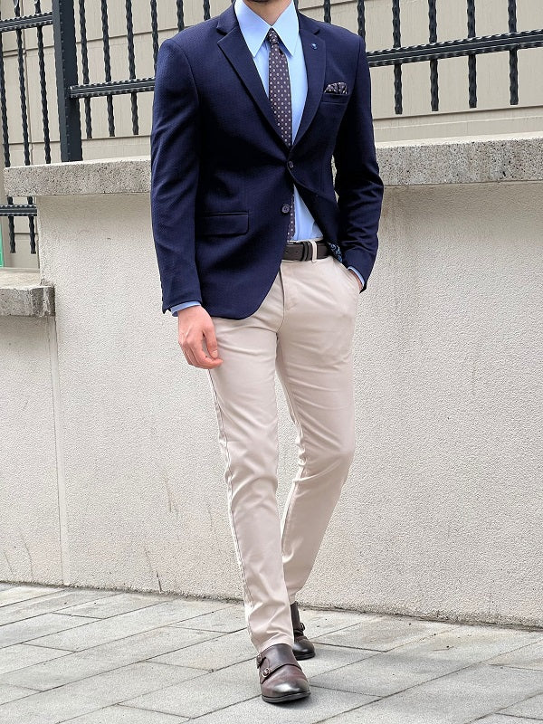 Hazel Navy Blue Slim Fit Notch Lapel Blazer