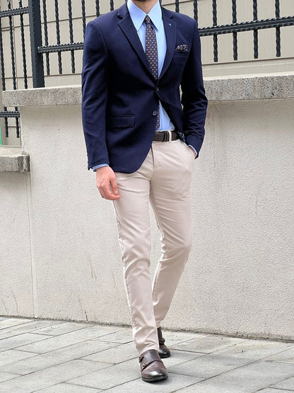 Hazel Navy Blue Slim Fit Notch Lapel Blazer