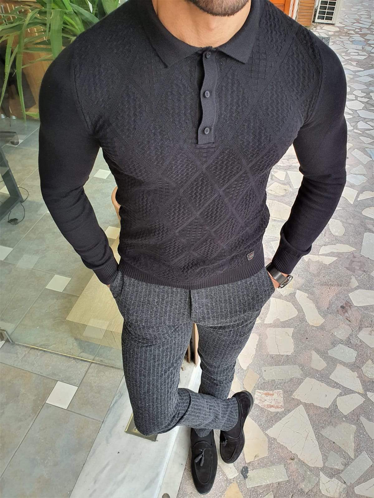 Elko Black Slim Fit Collar Sweater