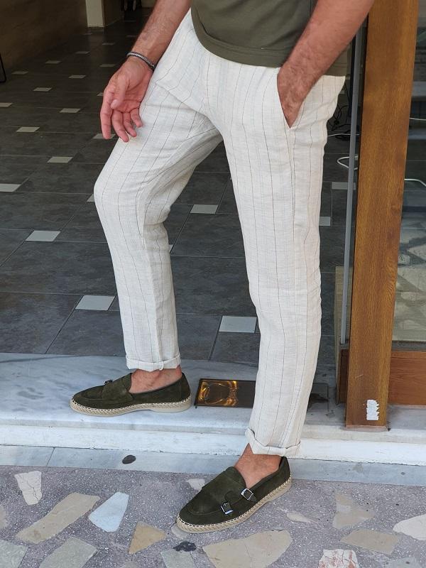 Bastoni Beige Slim Fit Pinstripe Linen Pants