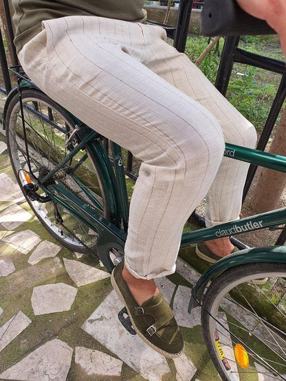 Bastoni Beige Slim Fit Pinstripe Linen Pants