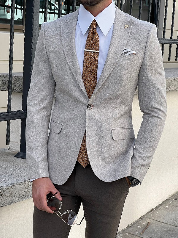 Edmond Beige Slim Fit Peak Lapel Blazer - Effortlessly Stylish Outerwear