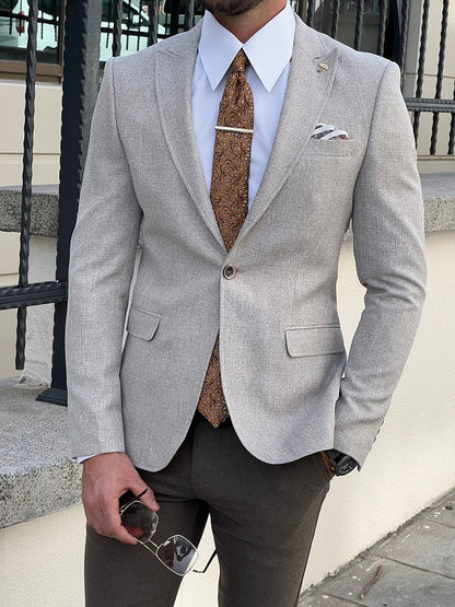 Edmond Beige Slim Fit Peak Lapel Blazer - Effortlessly Stylish Outerwear