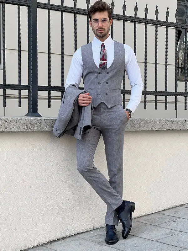 Napoli Gray Slim Fit Peak Lapel Crosshatch Suit brabion