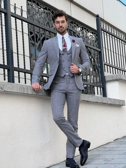 Napoli Gray Slim Fit Peak Lapel Crosshatch Suit brabion