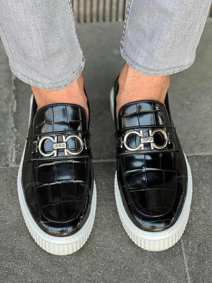Lawson Black Crocodile Pattern Bit Loafers