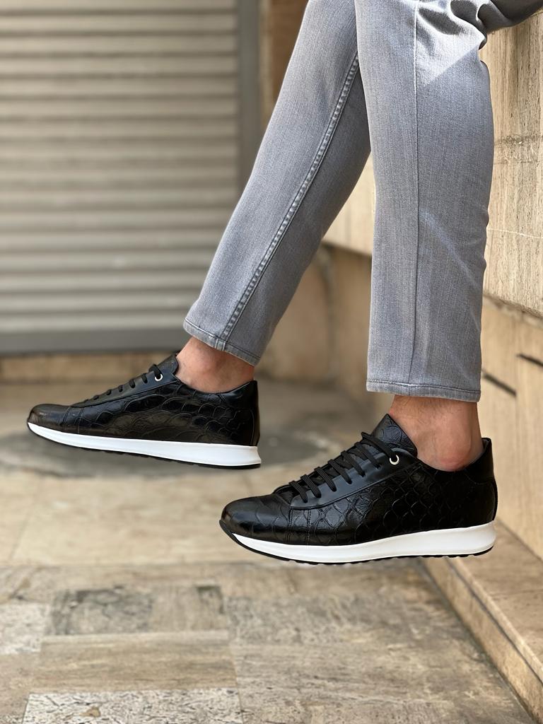 Lawson Black Crocodile Pattern Mid-Top Sneakers