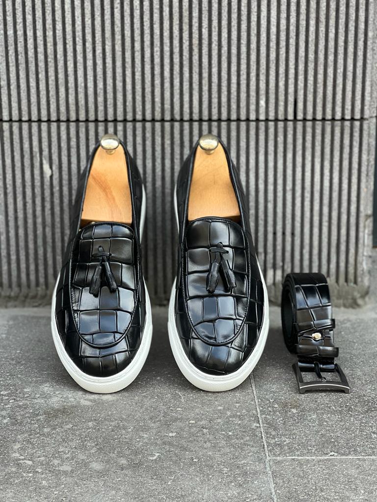 Lawson Black Crocodile Pattern Slip-Ons