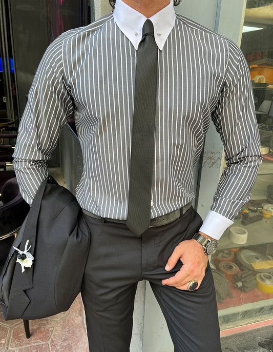 Brabion Berton Black Slim Fit Striped Cotton Shirt