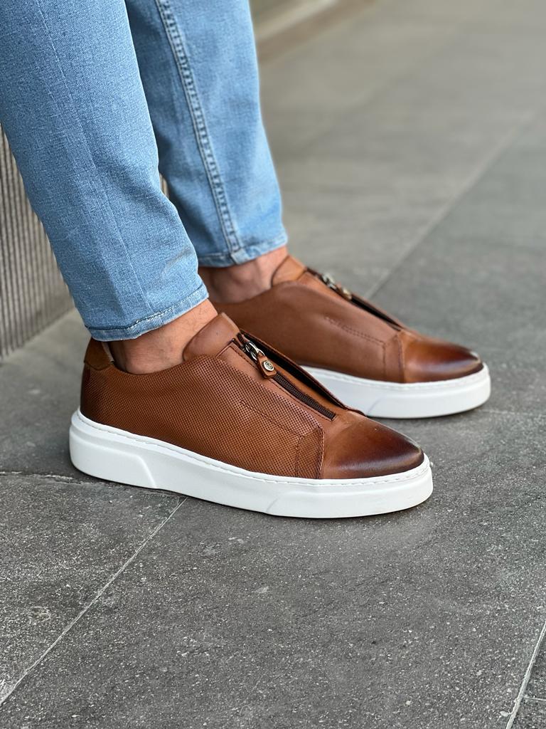 Lawson Brown Mid-Top Zipper Sneakers for Men
