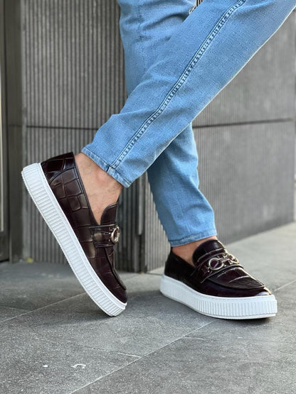 Lawson Burgundy Crocodile Pattern Bit Loafers