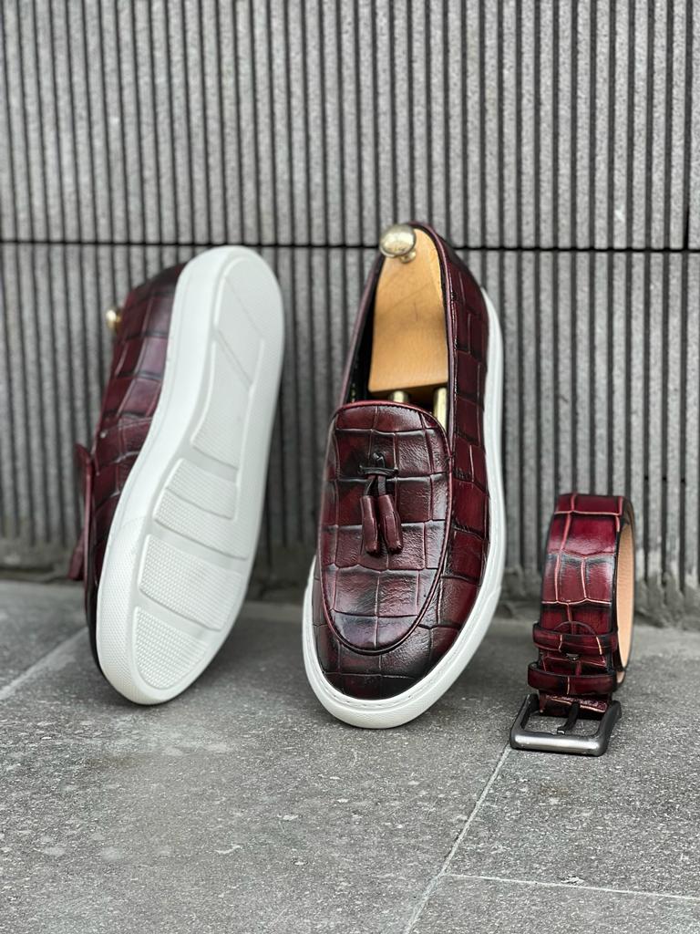 Lawson Burgundy Crocodile Pattern Slip-Ons - Stylish Leather Comfort