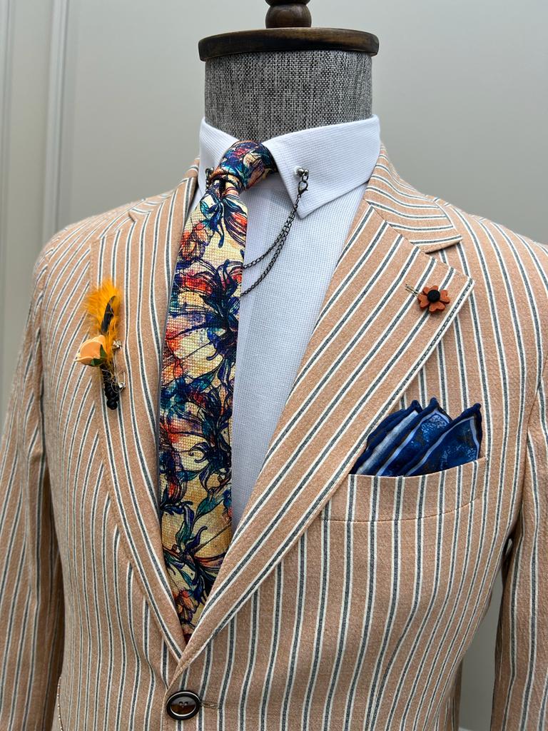 Lawton Camel Slim Fit Striped Cotton Blazer