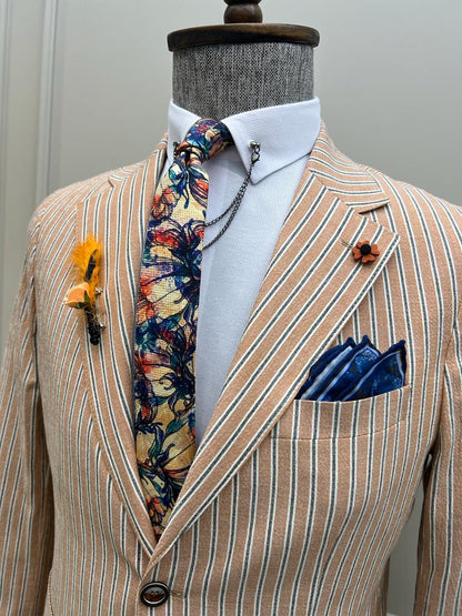 Lawton Camel Slim Fit Striped Cotton Blazer