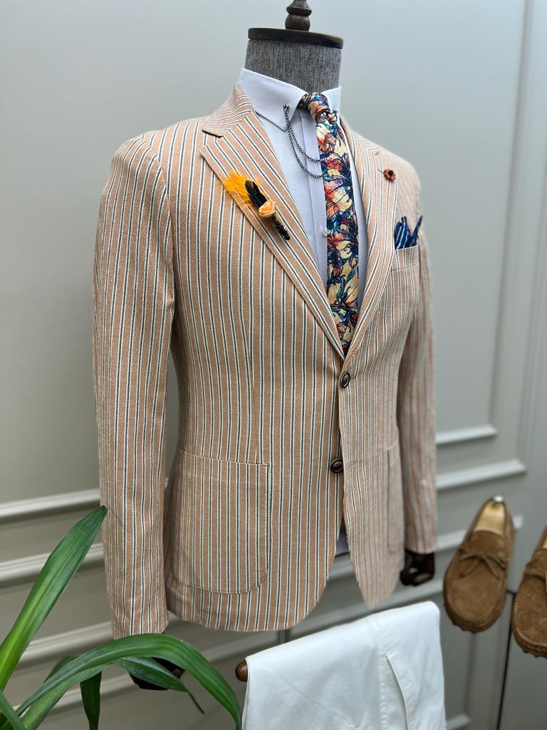 Lawton Camel Slim Fit Striped Cotton Blazer