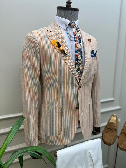 Lawton Camel Slim Fit Striped Cotton Blazer