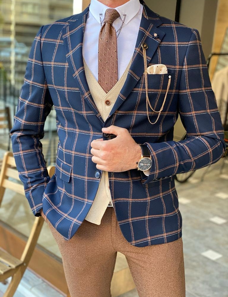 Nevada Blue Slim Fit Plaid Blazer - Elevate Your Style