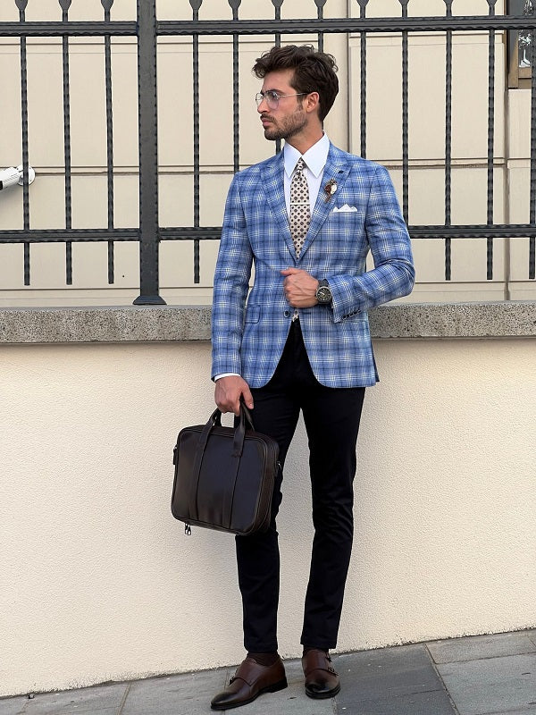 Edmond Blue Slim Fit Peak Lapel Plaid Blazer - Perfect for Every Occasion