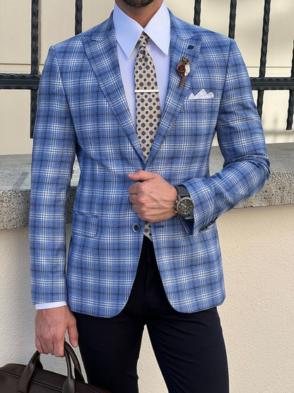 Edmond Blue Slim Fit Peak Lapel Plaid Blazer - Perfect for Every Occasion