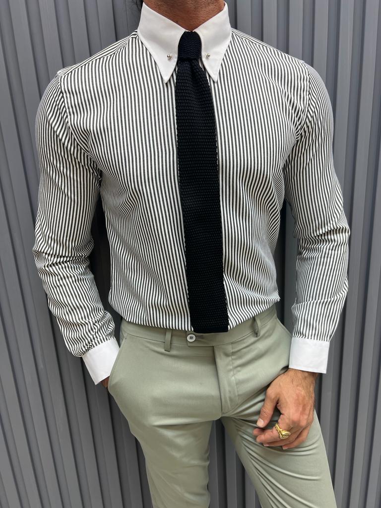 Brabion Sorento Gray Slim Fit Long Sleeve Striped Cotton Shirt