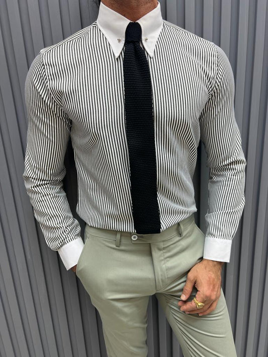 Brabion Sorento Gray Slim Fit Long Sleeve Striped Cotton Shirt