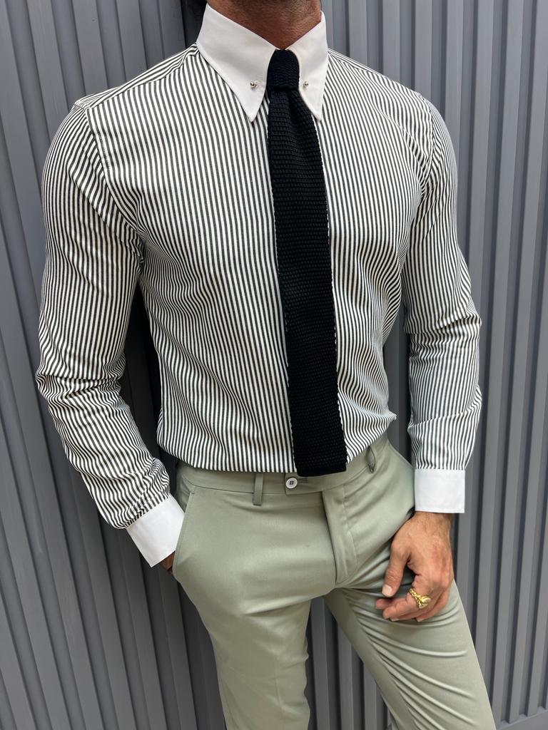 Brabion Sorento Gray Slim Fit Long Sleeve Striped Cotton Shirt