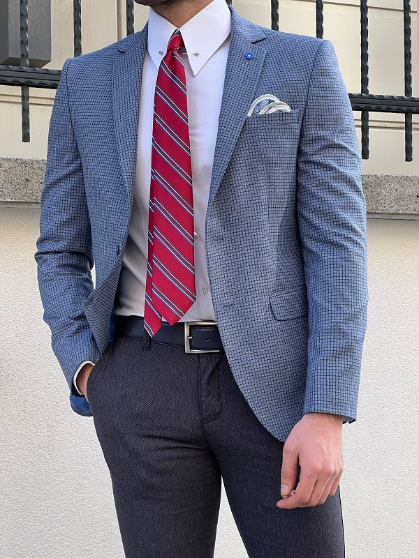 Rockford Blue Slim Fit Peak Lapel Crosshatch Check Linen Blazer