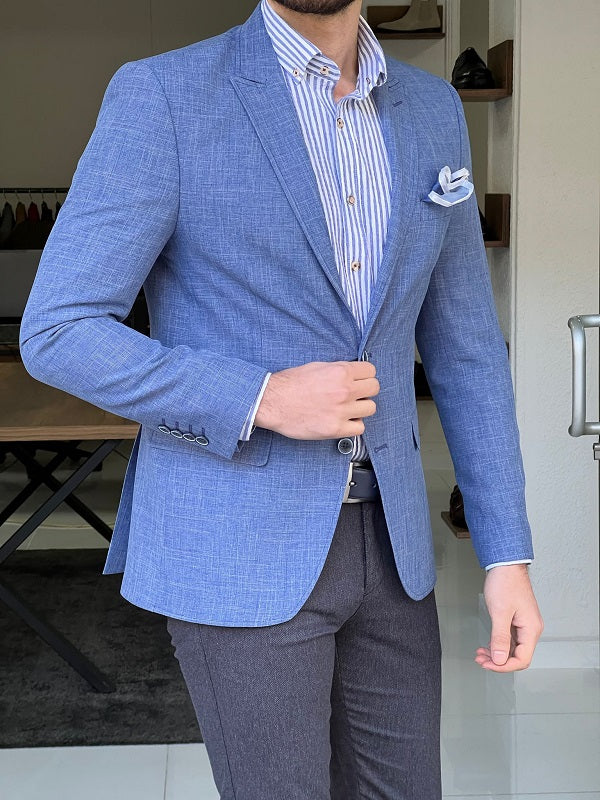 Rockford Blue Slim Fit Peak Lapel Crosshatch Linen Blazer