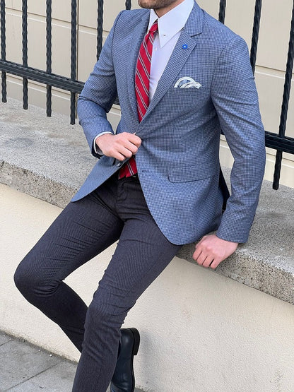 Rockford Blue Slim Fit Peak Lapel Crosshatch Check Linen Blazer