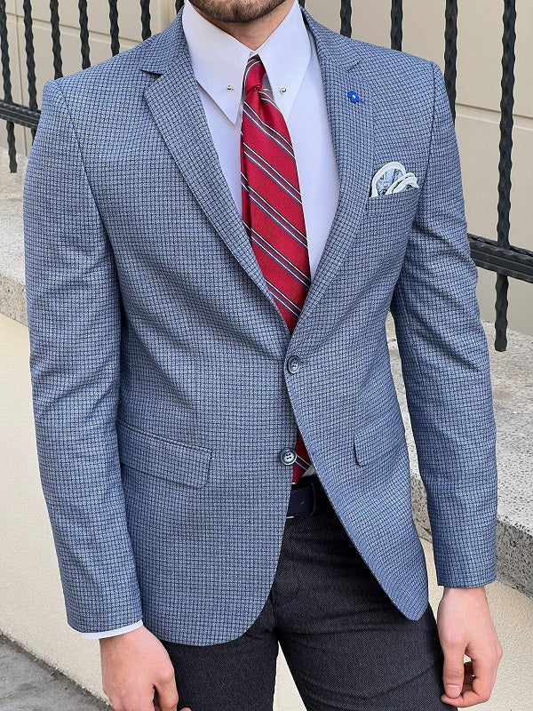 Rockford Blue Slim Fit Peak Lapel Crosshatch Check Linen Blazer