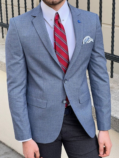 Rockford Blue Slim Fit Peak Lapel Crosshatch Check Linen Blazer