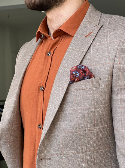 Rockford Brown Slim Fit Peak Lapel Plaid Blazer