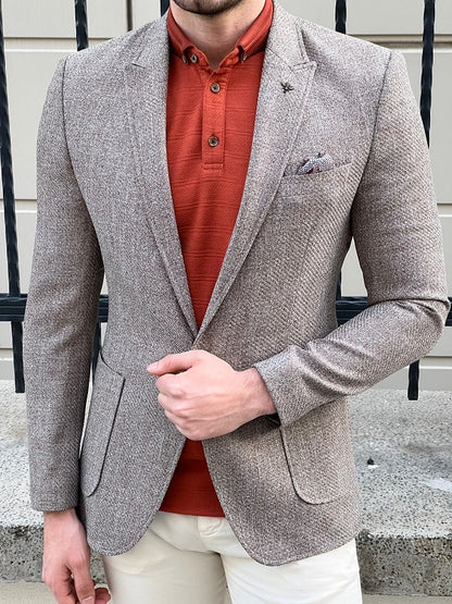Rockford Dark Beige Slim Fit Peak Lapel Wool Blazer - The Perfect Blend of Style and Comfort