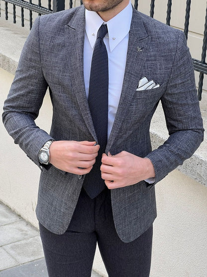 Rockford Dark Gray Slim Fit Peak Lapel Crosshatch Linen Blazer