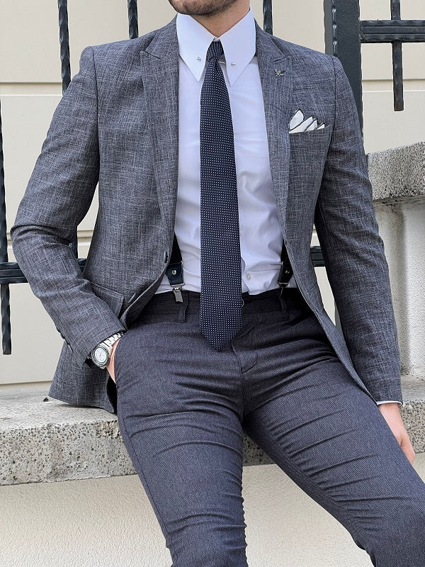 Rockford Dark Gray Slim Fit Peak Lapel Crosshatch Linen Blazer