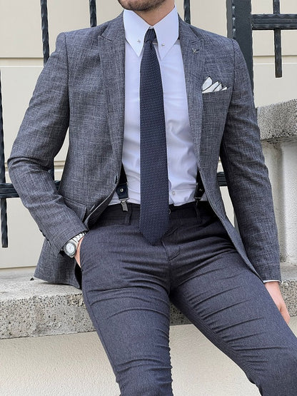 Rockford Dark Gray Slim Fit Peak Lapel Crosshatch Linen Blazer