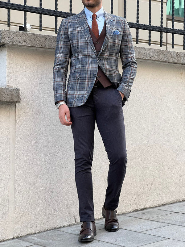 Rockford Gray Slim Fit Peak Lapel Plaid Check Wool Blazer