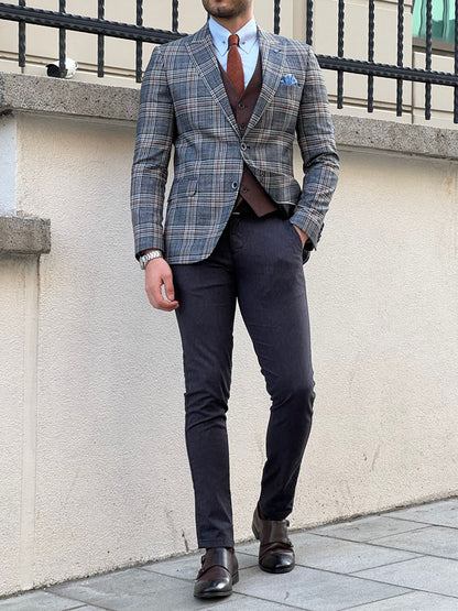 Rockford Gray Slim Fit Peak Lapel Plaid Check Wool Blazer