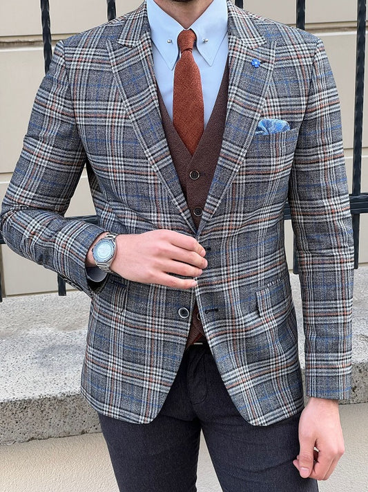 Rockford Gray Slim Fit Peak Lapel Plaid Check Wool Blazer