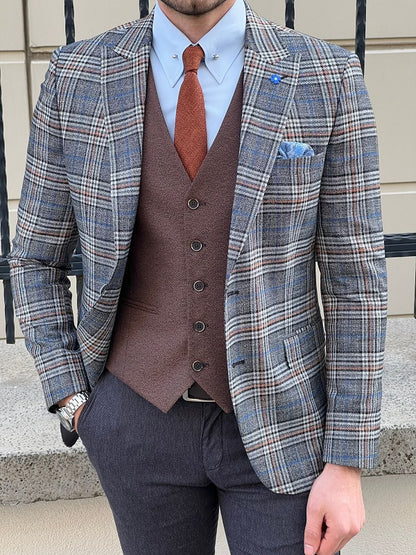 Rockford Gray Slim Fit Peak Lapel Plaid Check Wool Blazer