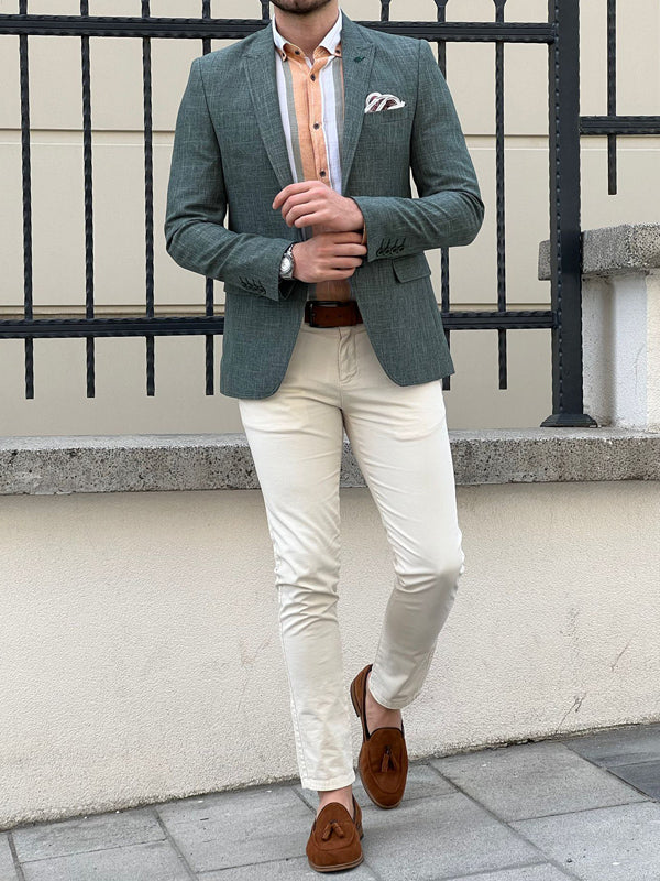 Rockford Green Slim Fit Peak Lapel Crosshatch Linen Blazer