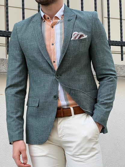Rockford Green Slim Fit Peak Lapel Crosshatch Linen Blazer