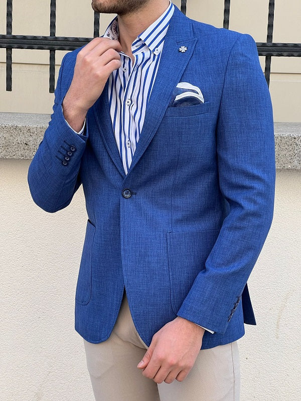 Hazel Royal Blue Slim Fit Peak Lapel Crosshatch Linen Blazer for Men