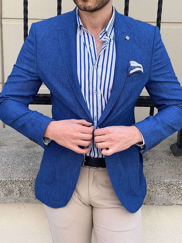 Hazel Royal Blue Slim Fit Peak Lapel Crosshatch Linen Blazer for Men